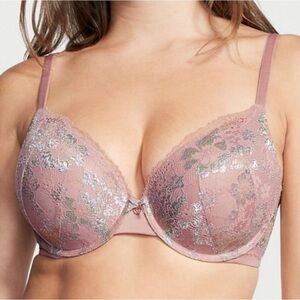 Victoria’s Secret Lace Push-Up Perfect Shape Bra Mauve Silver Shimmer 36DD Sexy